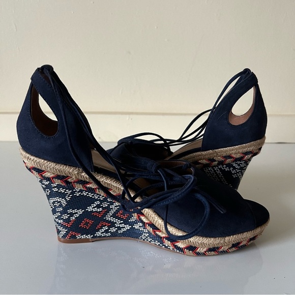 Cabi Shoes Isla Blue Suede Sandals Red Southwest Aztec Espadrille Wedge SZ 9 - Picture 4 of 9